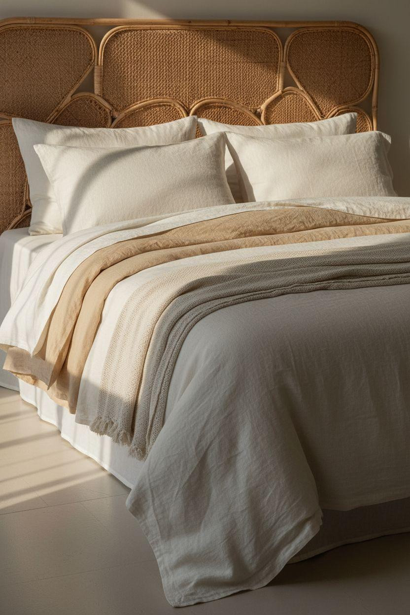 Neutral Bedroom Decor - bedroom corner with sculptural rattan headboard