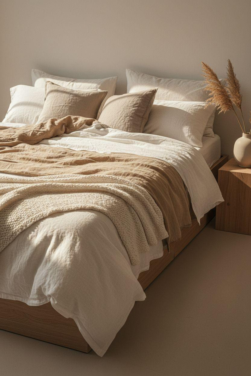 Neutral Bedroom Decor - neutral bedroom with chunky knit throw and rumpled linen
