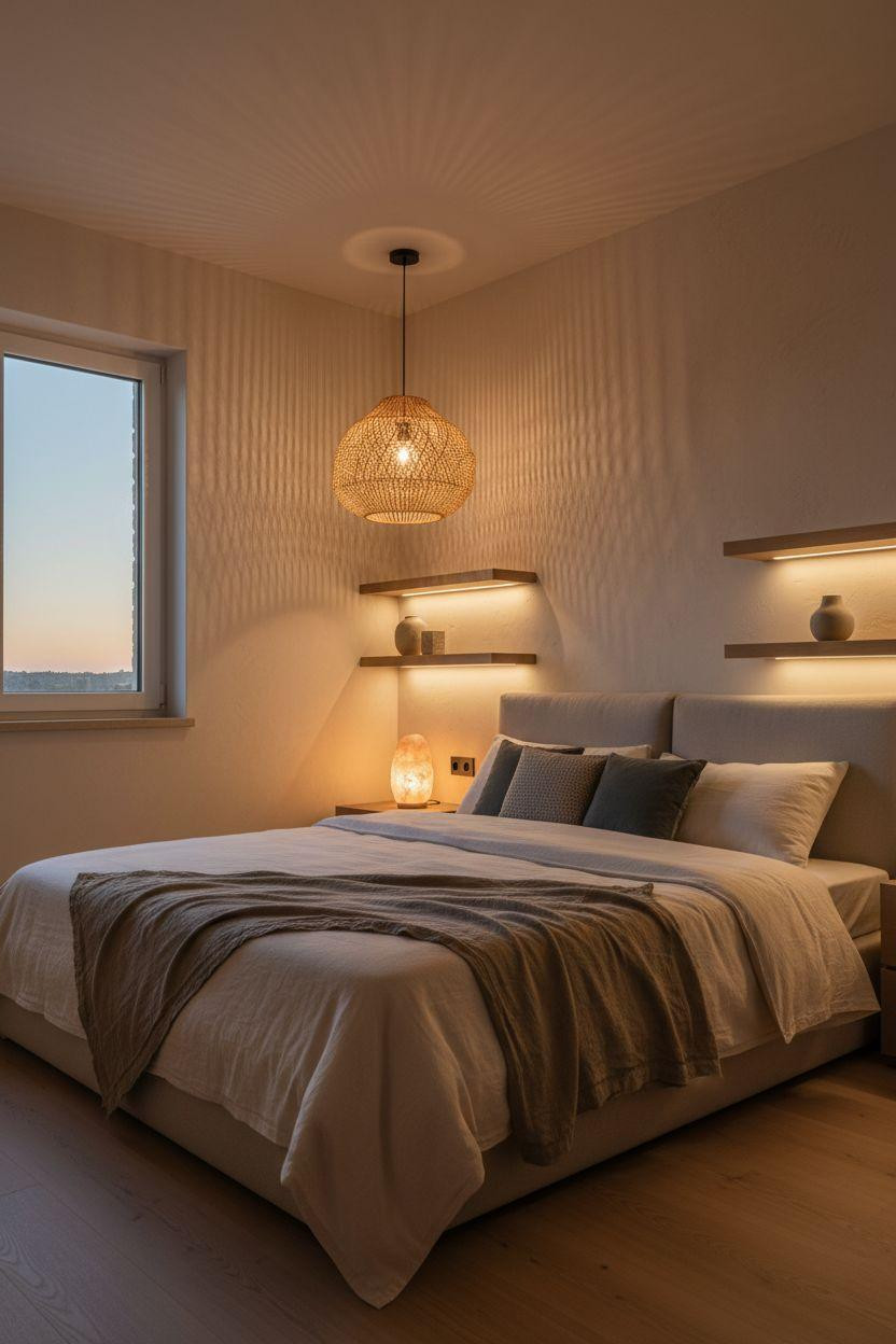 Neutral Bedroom Decor - bedroom with layered ambient lighting at twilight