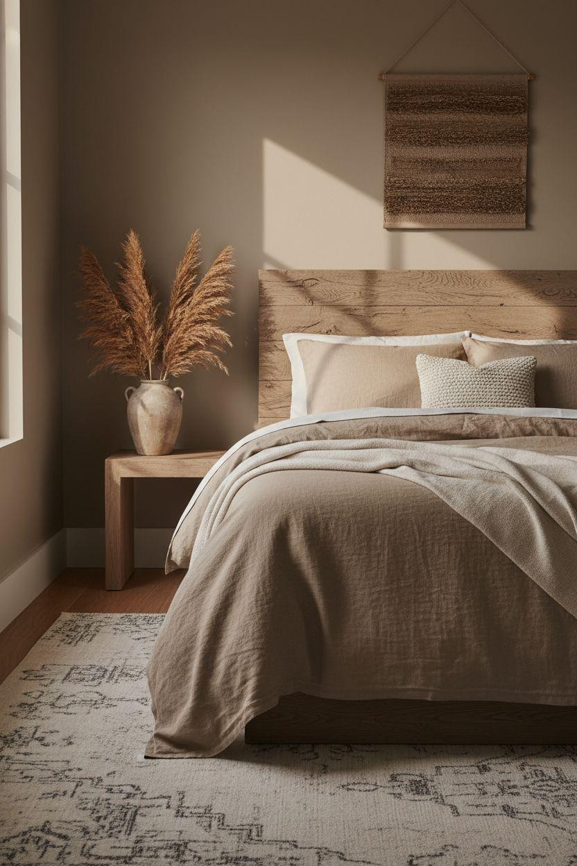 Neutral Bedroom Decor - taupe bedroom with weathered oak headboard