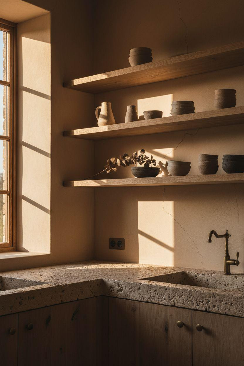 japandi kitchen design wabi sabi style with raw stone