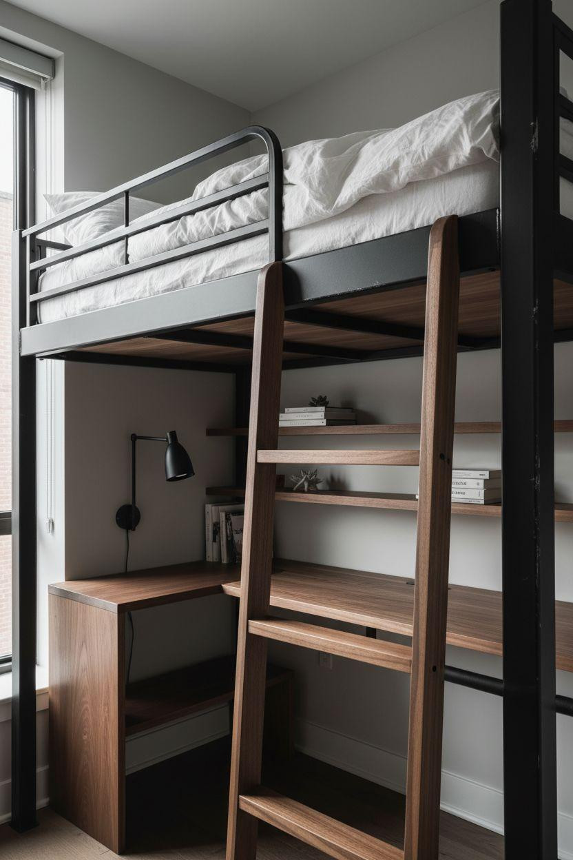 modern loft bed Ideas - black steel frame with walnut wood ladder