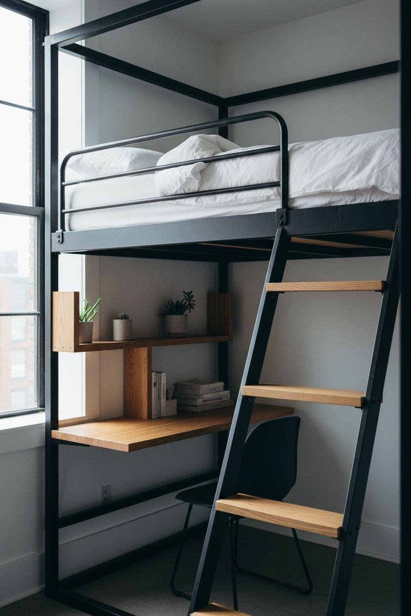 modern loft bed Ideas - black steel with oak accents