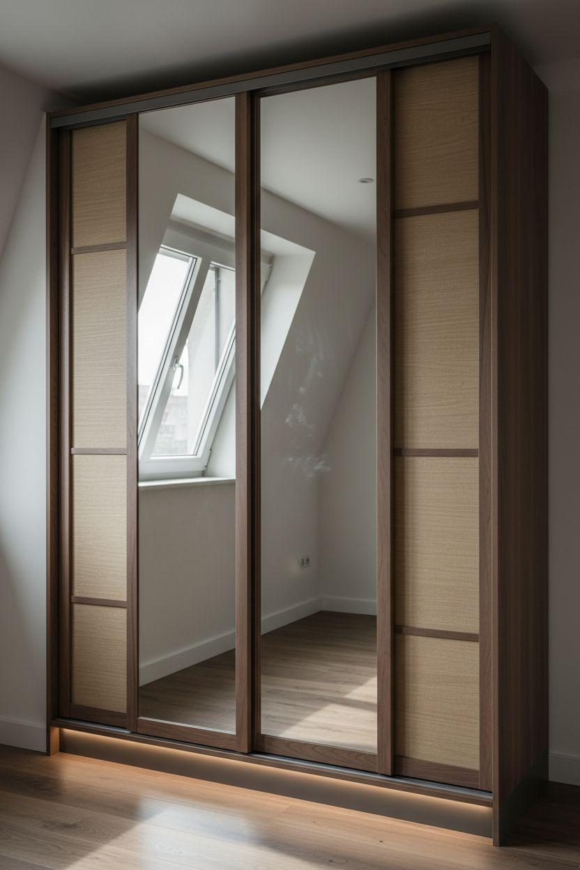 Sliding Wardrobe Design Bedroom Ideas - compact mirrored wardrobe with walnut frames