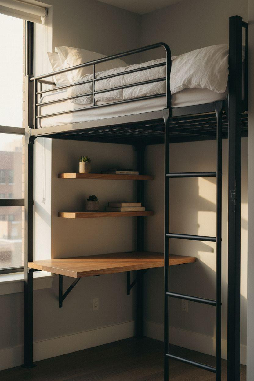 metal loft bed small room with matte black steel frame and industrial welded joints