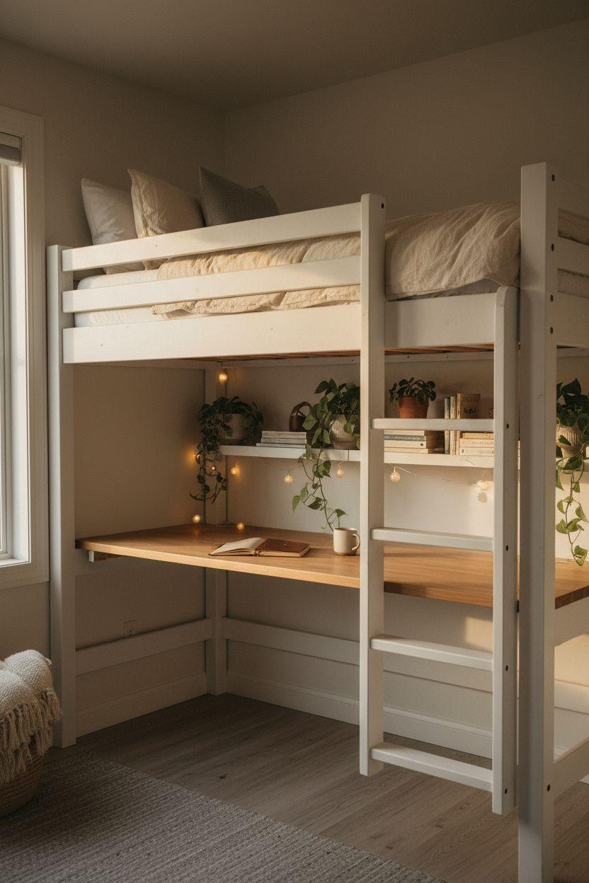 white loft bed small room with painted pine frame and built-in desk with floating shelves below