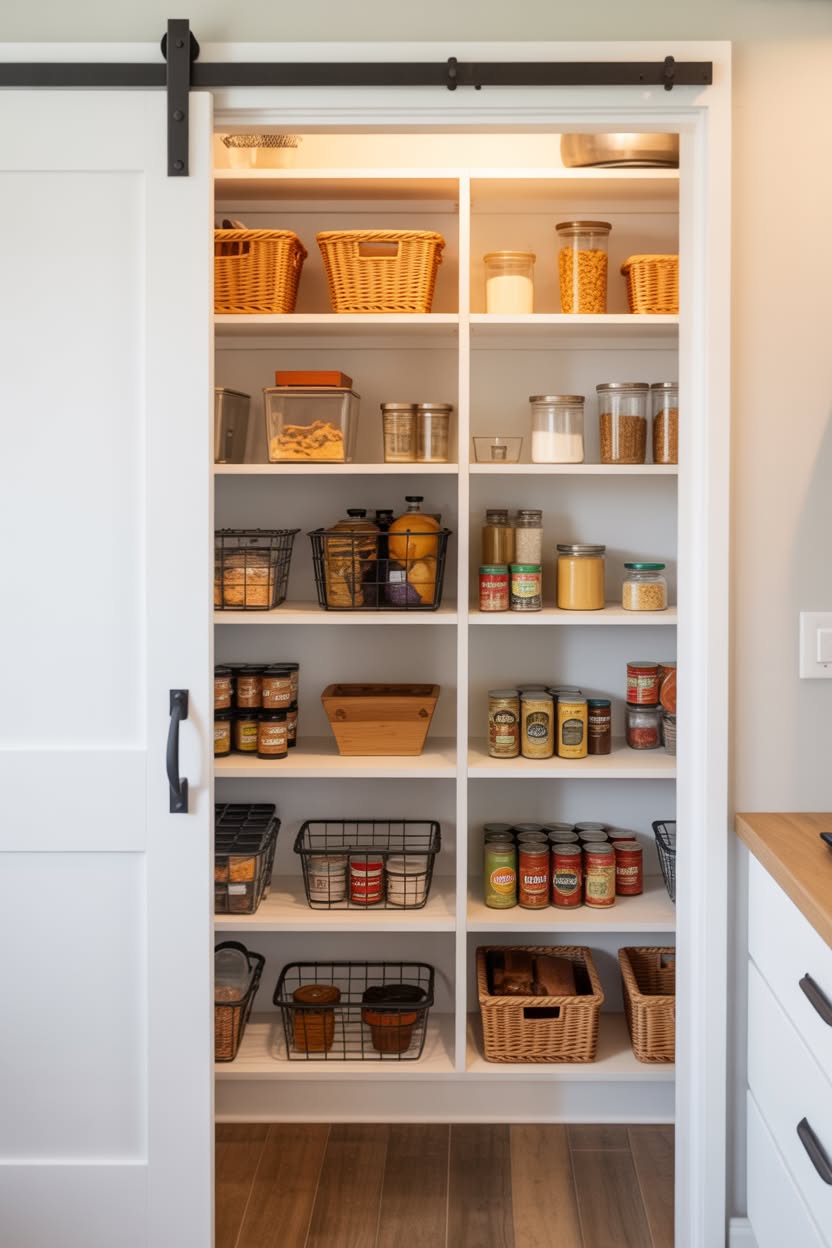 White pantry closet with black barn door hardware featuring woven baskets and glass jars