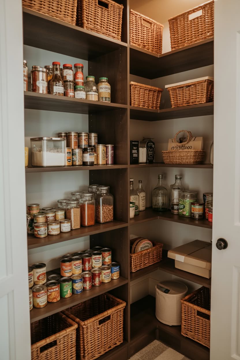 Dark wood corner pantry with woven baskets and glass jar storage