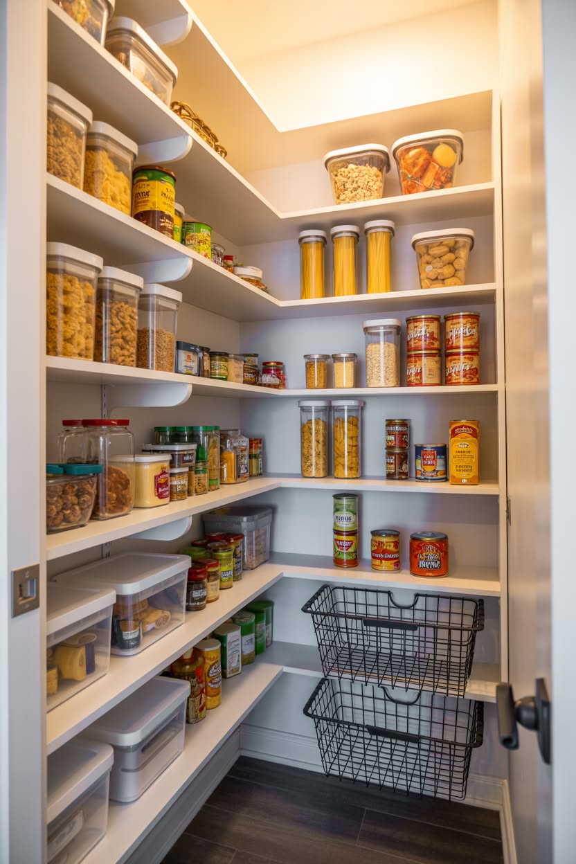 Light-filled corner pantry with tall pasta containers and wire baskets