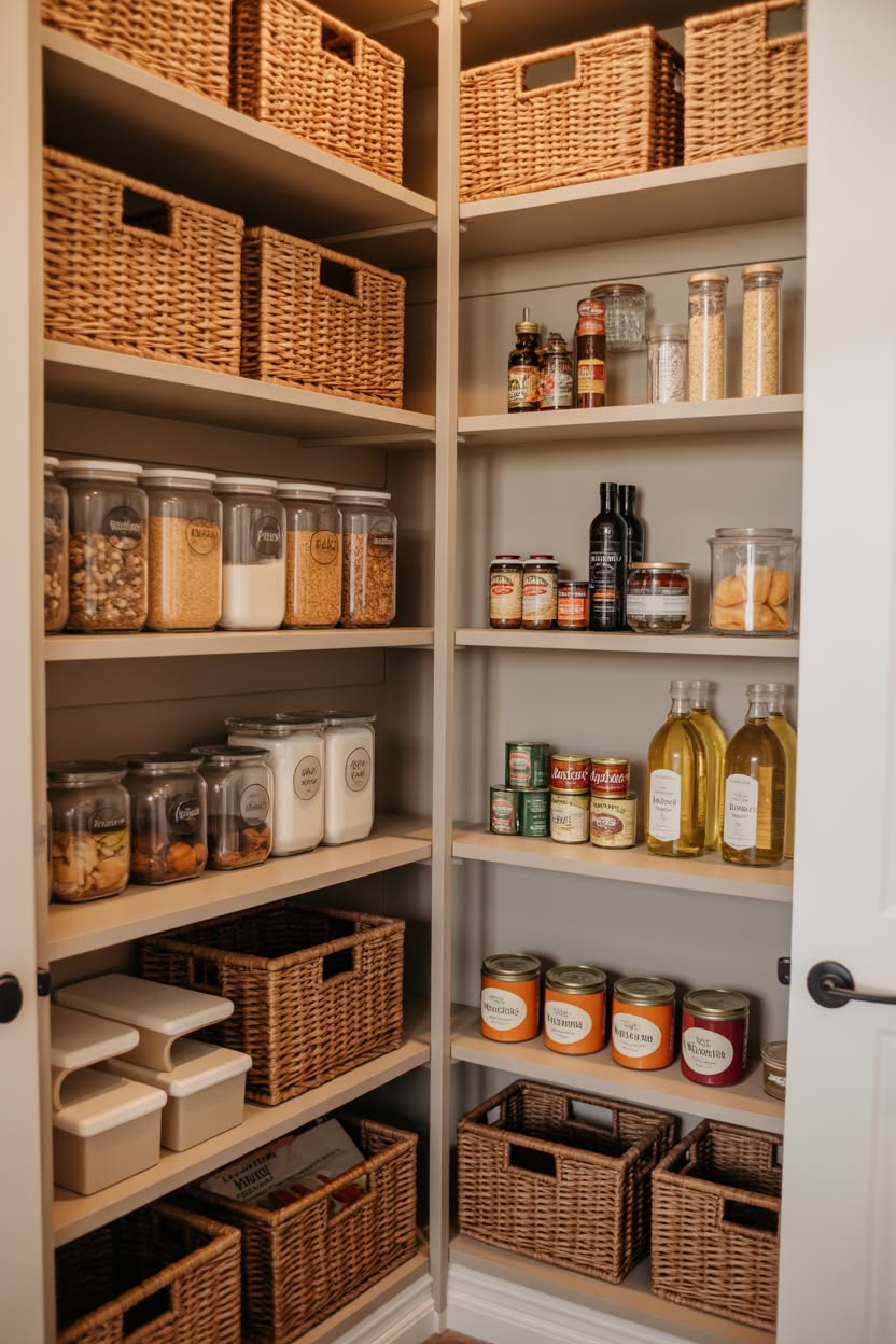 Farmhouse style pantry with multiple woven baskets and labeled containers