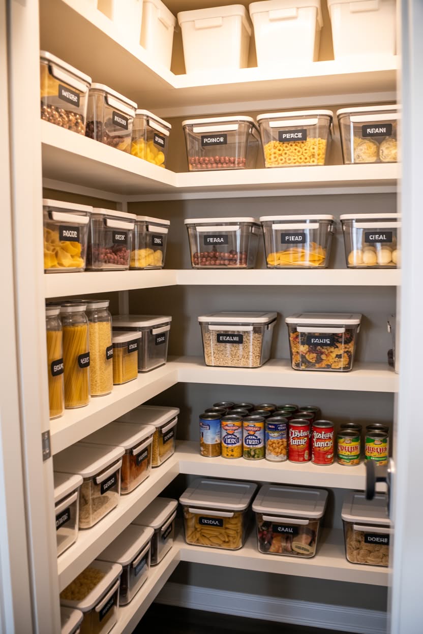 Cottage style pantry with white ceramic containers and woven baskets