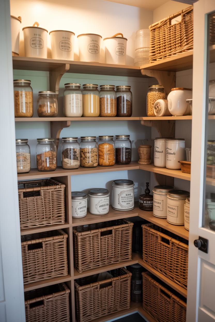 Built-in pantry cabinet with pull-out drawers and appliance storage