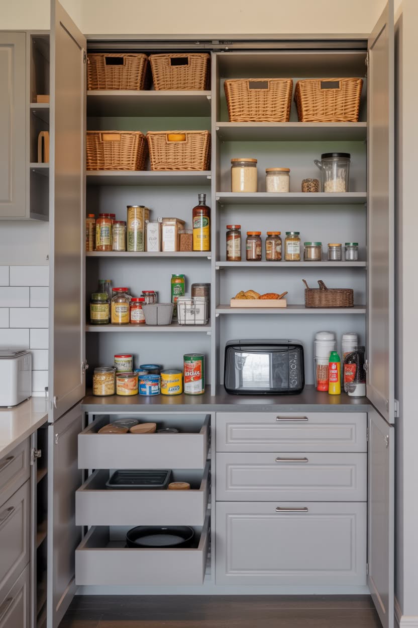 Clean white corner pantry with matching storage bins and pasta jars