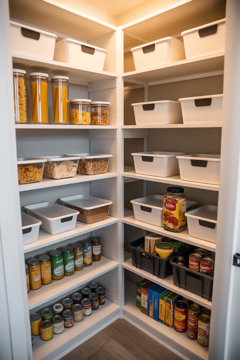 Symmetrical walk-in pantry with matching containers and basket storage