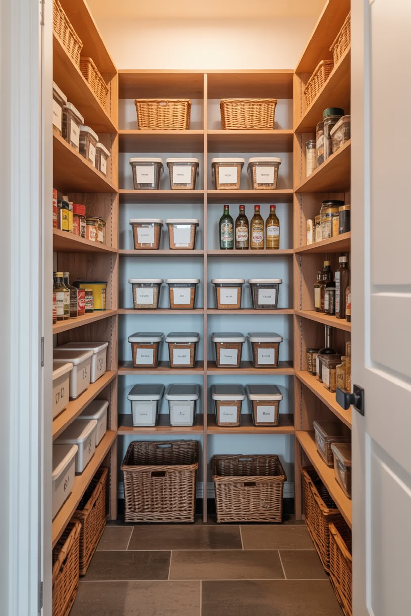 Pantry with French doors featuring glass jars and woven basket storage