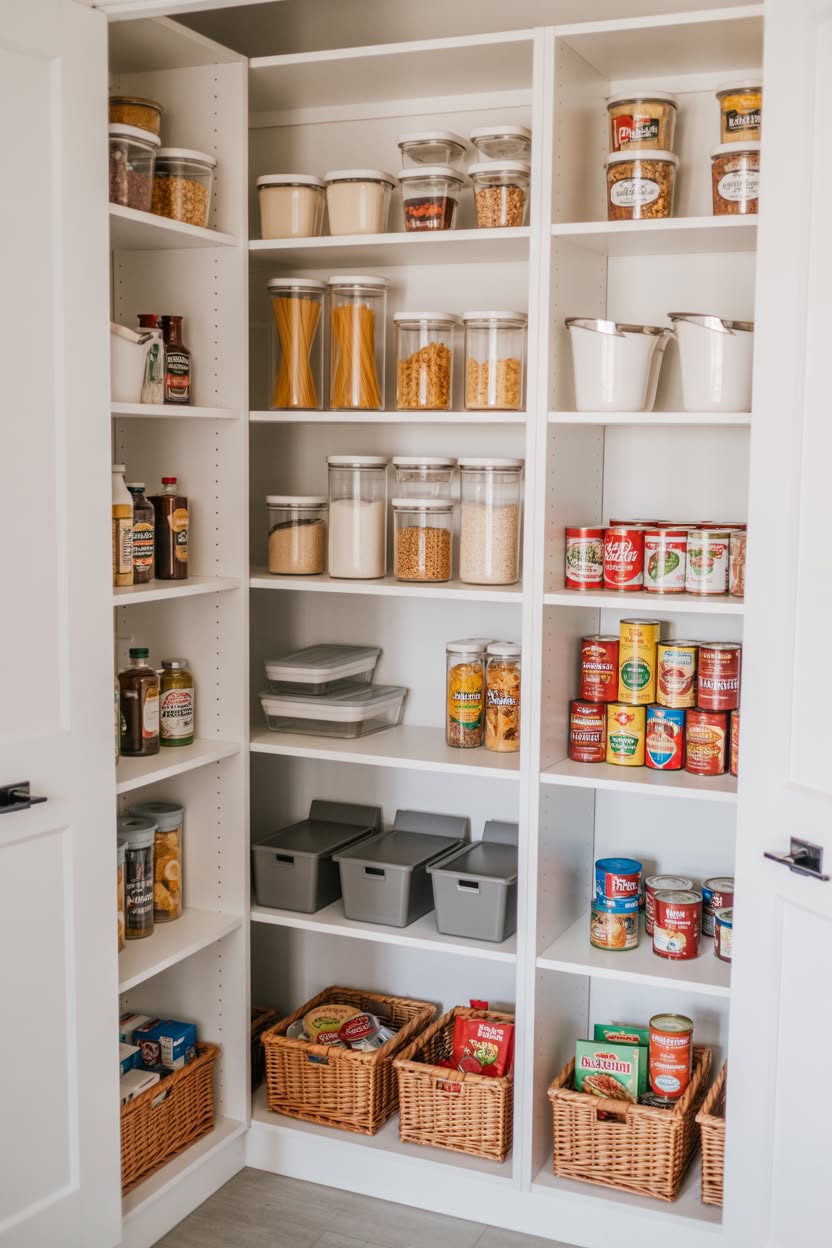 Corner pantry closet with L-shaped white shelving filled with labeled containers and baskets