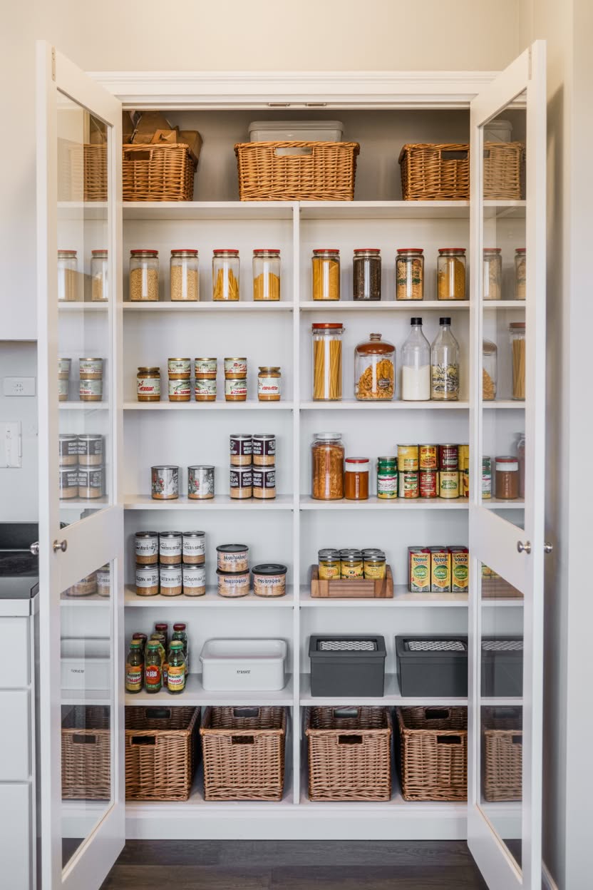 Warm wood walk-in pantry with labeled containers and woven baskets