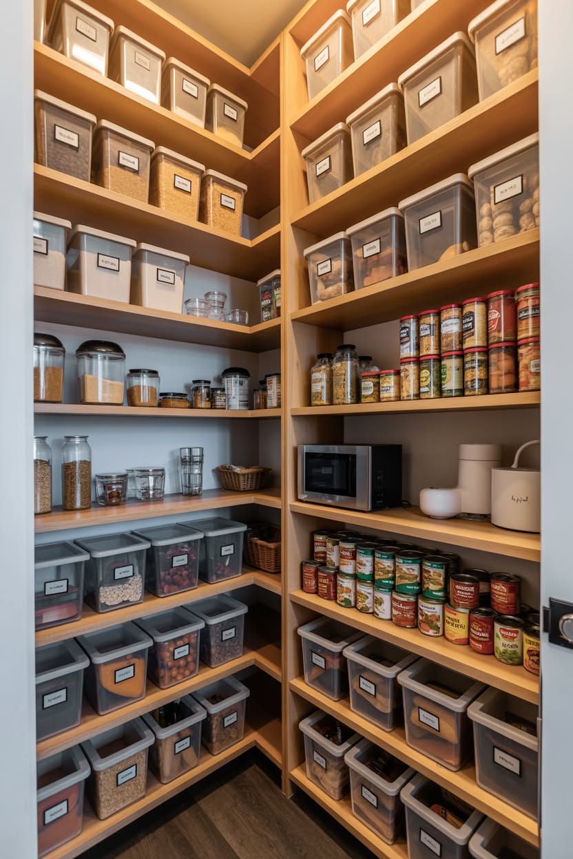 Small walk-in pantry with wooden shelves and labeled storage containers