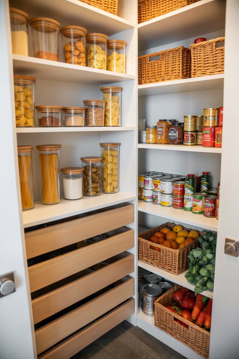 Corner pantry with glass storage jars and woven baskets for produce
