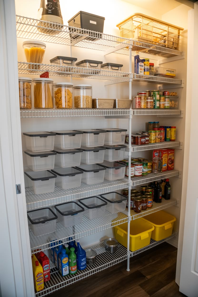 Closet pantry with white wire shelving and clear stackable containers