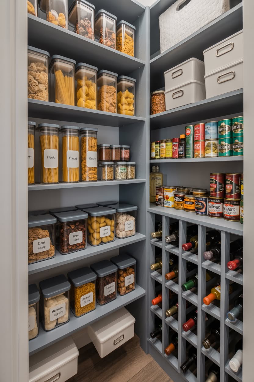 Gray painted pantry with built-in wine rack and labeled containers