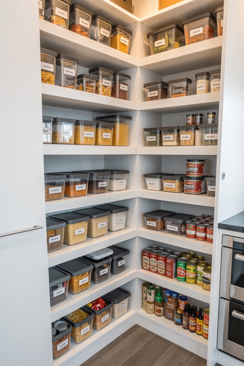 Corner pantry with clear labeled containers and spice organization