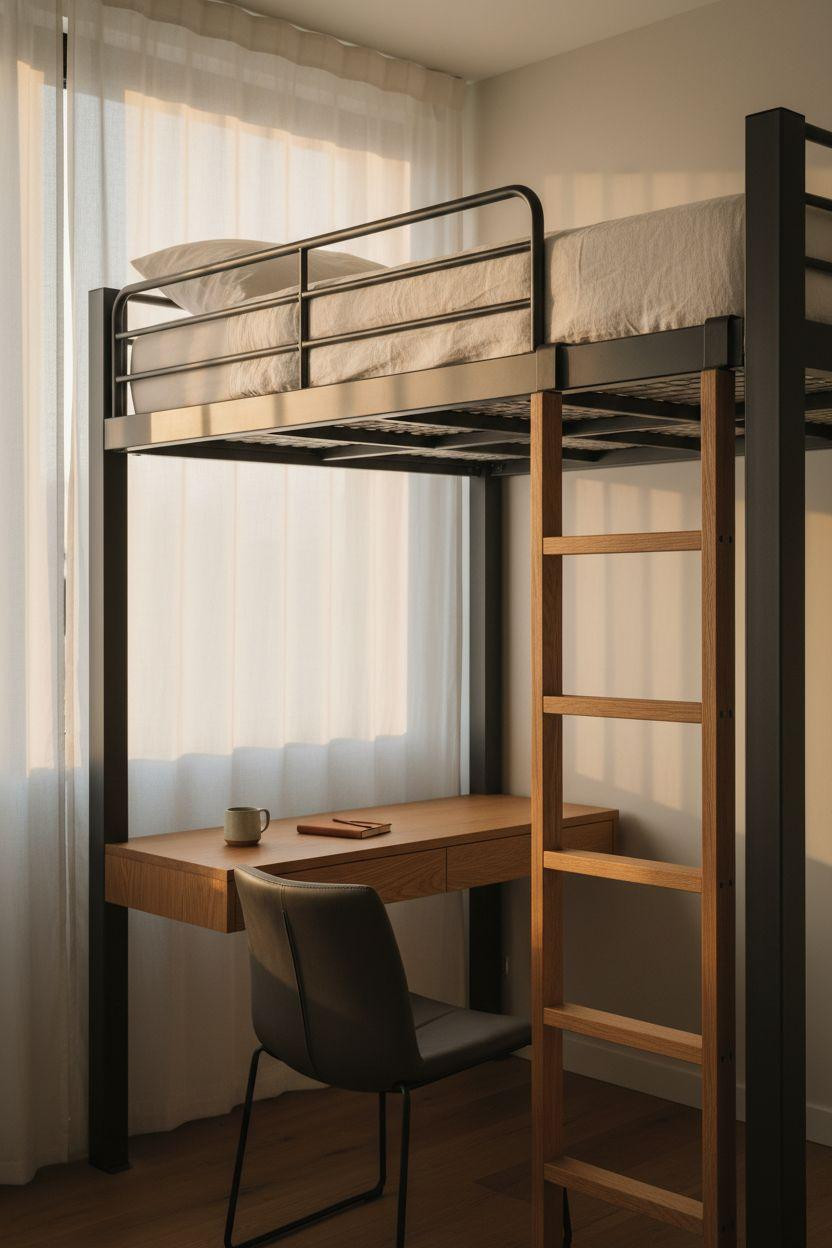 loft bed ideas for adults with charcoal steel frame and oak wood ladder above minimalist workspace