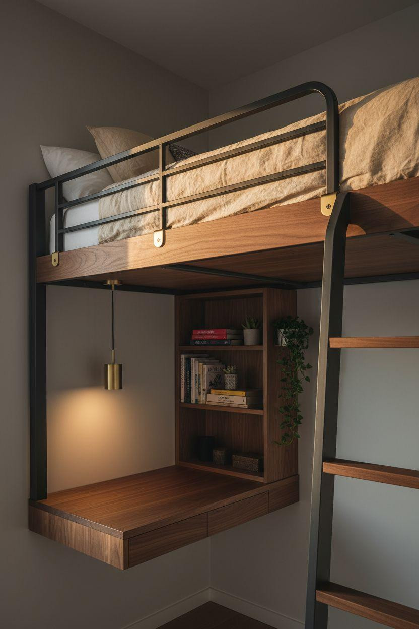 adult loft bed for small rooms with matte charcoal steel and walnut wood in compact urban bedroom