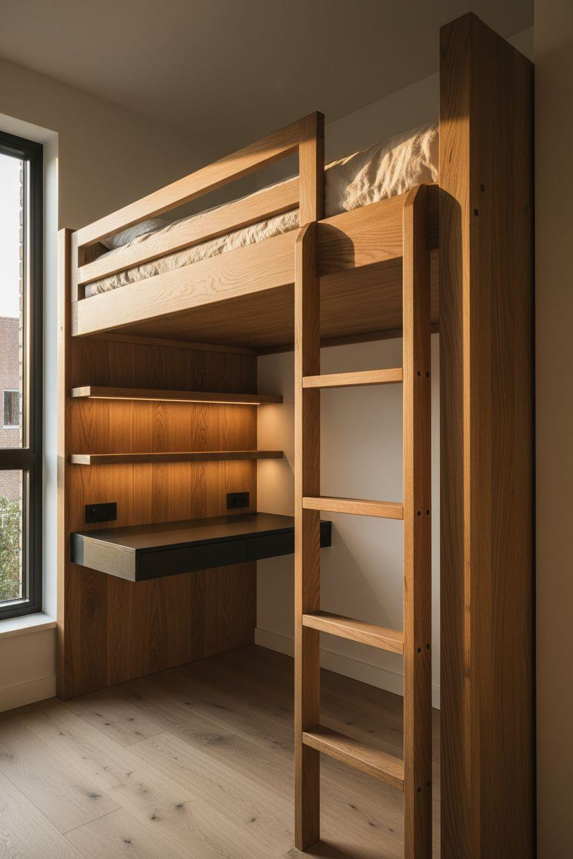 wood loft bed compact with natural oak construction and hand-finished edges in small room