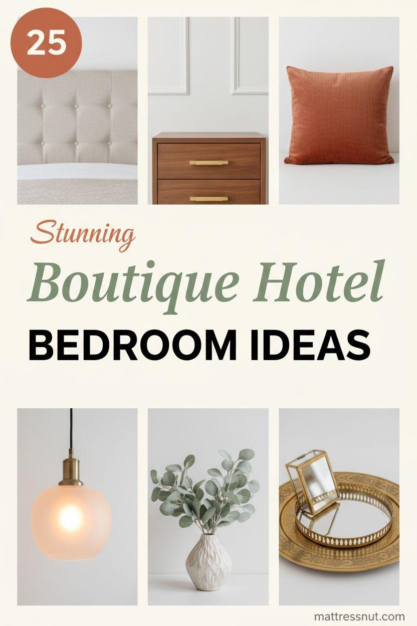 Pinterest board cover collage with top-left terracotta badge displaying '25', elegant text overlays 'Stunning Boutique Hotel BEDROOM IDEAS'. Features ivory linen tufted headboard, walnut nightstand with brass pulls, terracotta velvet pillow, frosted glass pendant light, sage eucalyptus in vase on cream background.