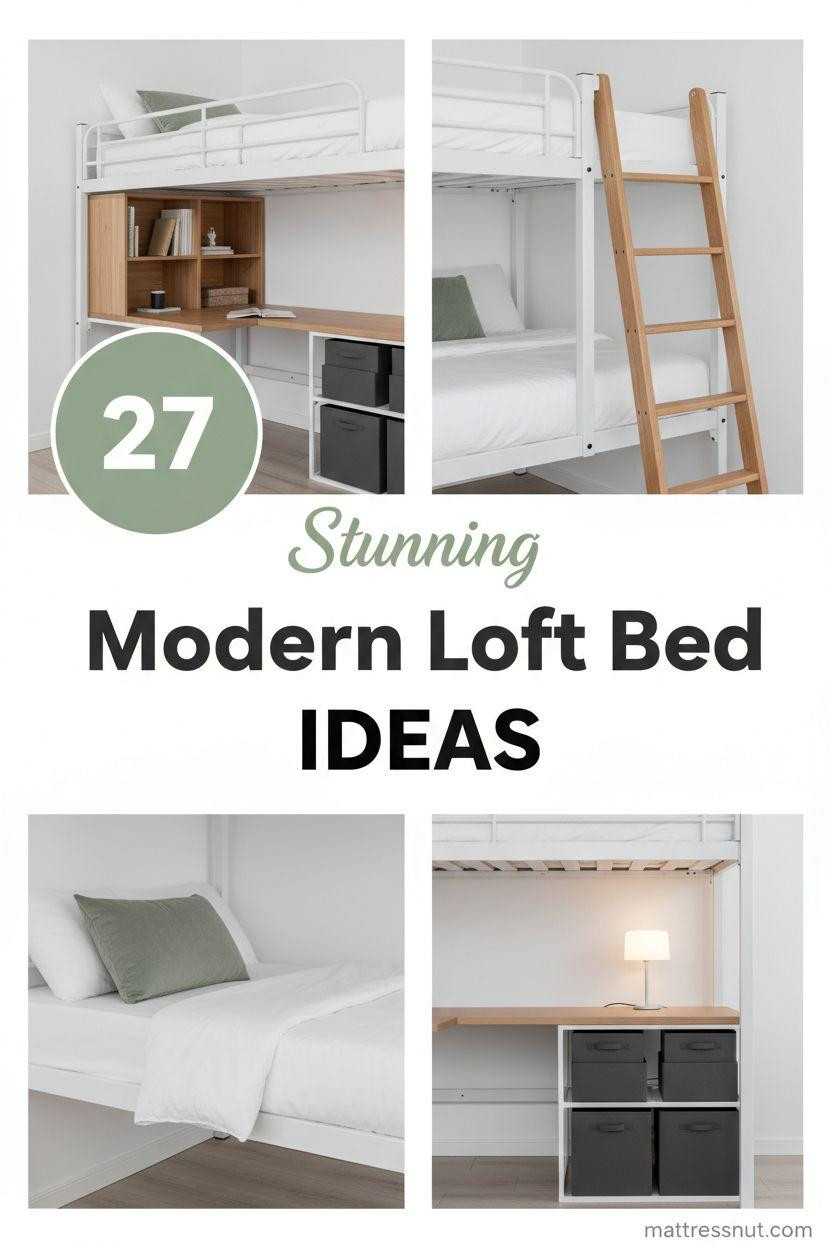 Collage cover for Pinterest board with sage green circular badge showing '27' in top-left, elegant text overlay 'Stunning Modern Loft Bed IDEAS'. Features white metal loft bed with desk, oak ladder, sage green velvet pillow, white ceramic lamp, charcoal gray storage bins in 2x2 grid on cloud white background, modern Scandinavian style.