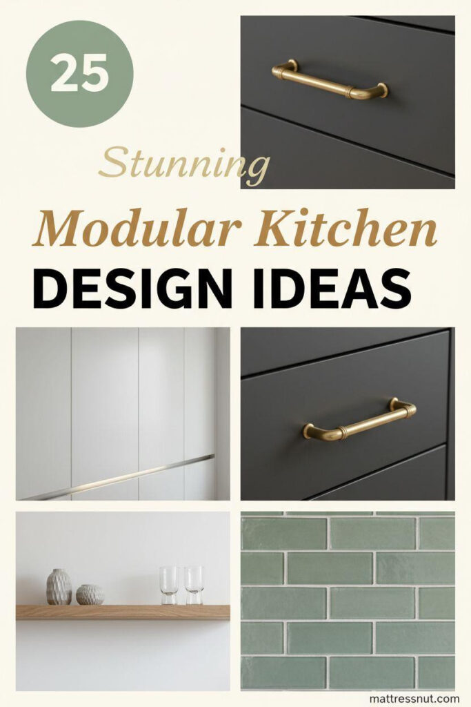 Pinterest board cover collage with sage green circular badge showing '25', elegant text overlay 'Stunning Modular Kitchen DESIGN IDEAS'. Includes handleless white cabinets with LED, brass hardware on charcoal drawer, oak floating shelf, sage green tile backsplash on ivory background for cohesive modern aesthetic.