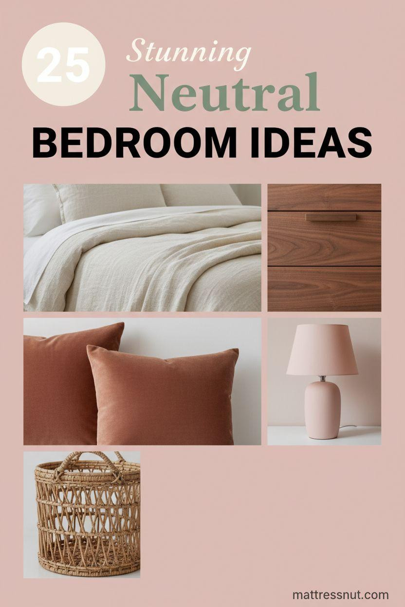 Pinterest board cover with circular blush pink badge showing '25', elegant text overlays 'Stunning' in cream cursive, 'Neutral' in sage green italic, and 'BEDROOM IDEAS' in bold black caps, featuring collage of ivory linen bedding, walnut nightstand, terracotta velvet pillow, blush pink ceramic lamp, and woven rattan basket in harmonious neutral palette.