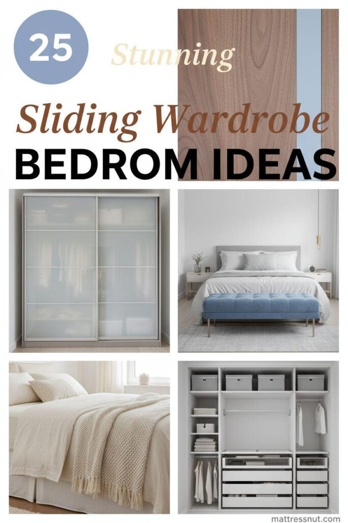 Pinterest board cover collage showcasing modern sliding wardrobes with frosted glass and walnut wood details, powder blue accents, ivory linen bedding, minimalist bedroom scene with velvet bench, and matte white interior organization, topped with '25' badge for inspiring designs