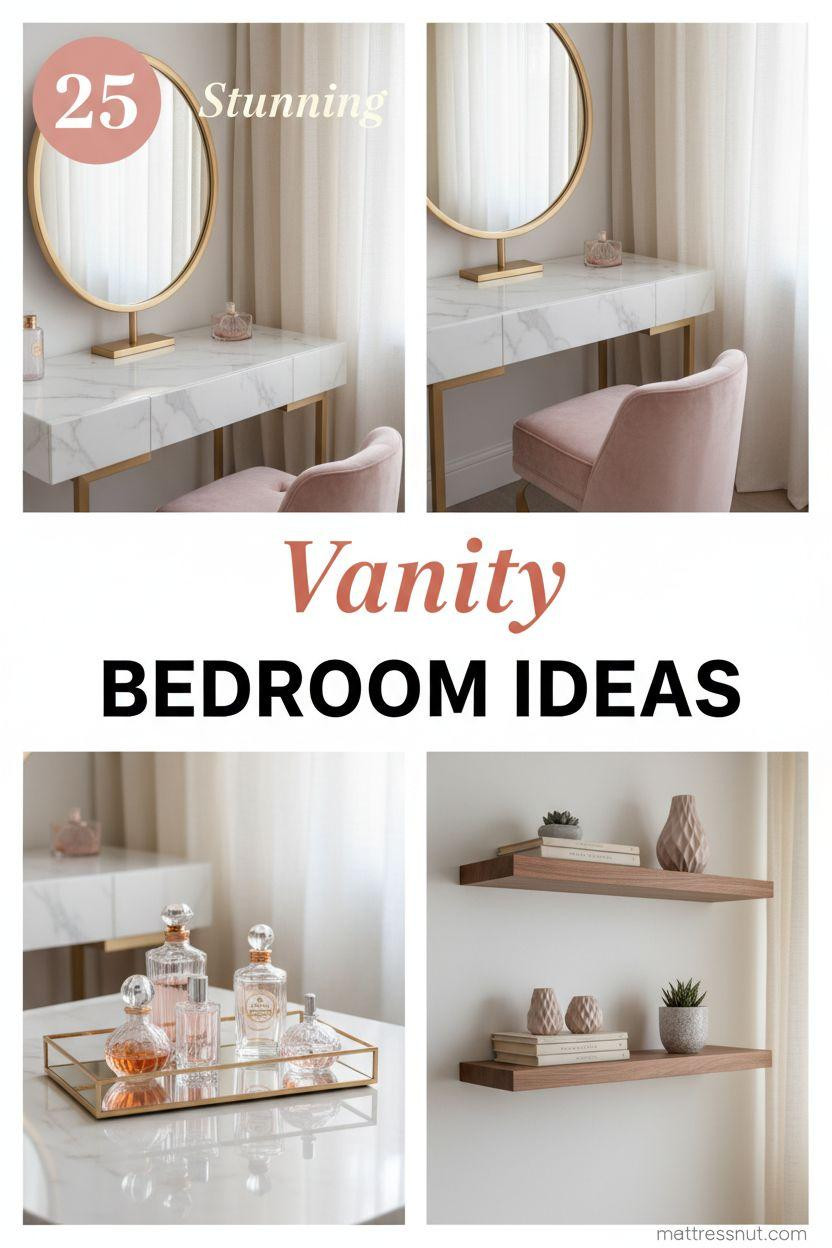 Pinterest board cover collage featuring a soft blush pink circular badge with '25', elegant 'Stunning Vanity' text overlay, and 'BEDROOM IDEAS' in bold caps. Includes white marble vanity table, gold mirror, pink velvet stool, crystal bottles, walnut shelf, and ivory curtains on a clean grid layout with warm brass accents.