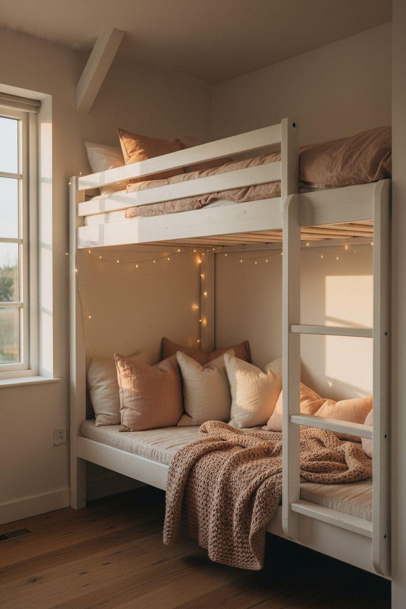 adult loft bed for small rooms with white pine frame above reading nook with string lights and blush textiles