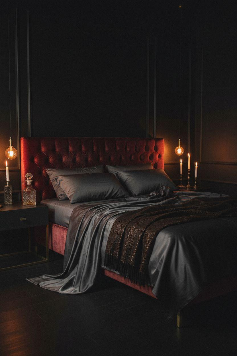 Dark feminine bedroom with sultry velvet upholstered bed