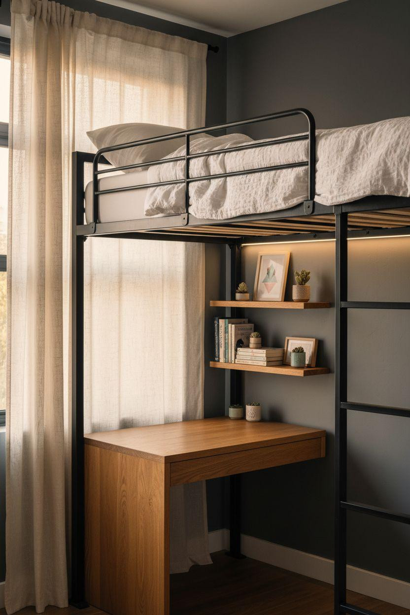 loft bed ideas for teens with industrial black metal frame and oak slats above study desk