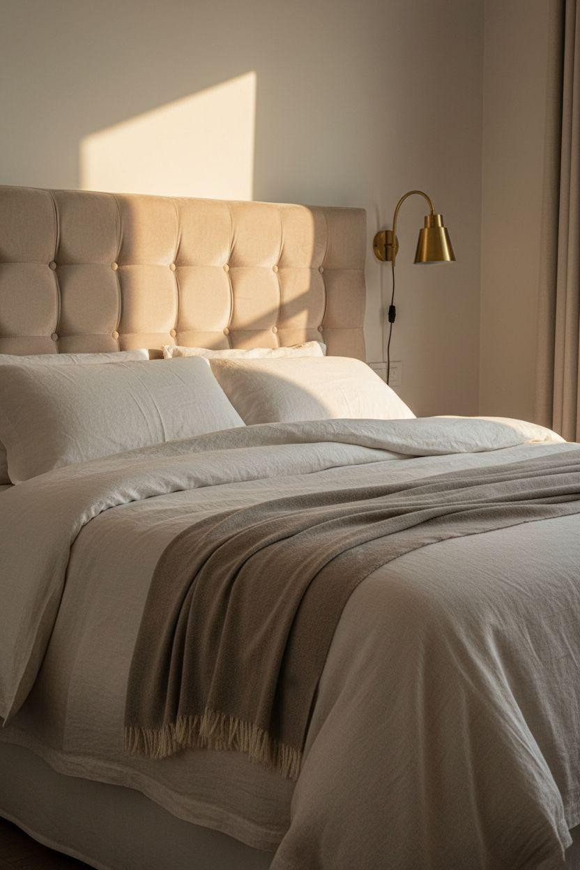 Neutral Bedroom Decor - classy bedroom with champagne velvet tufted headboard