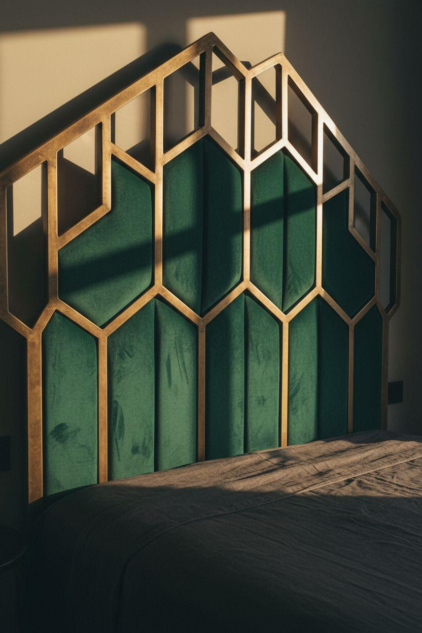 Boutique hotel bedroom Ideas - emerald velvet with brass geometric frame