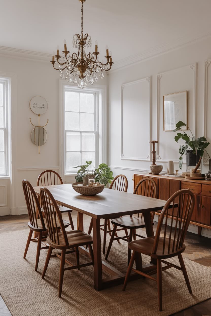 Traditional modern dining room with Windsor chairs and crystal chandelier