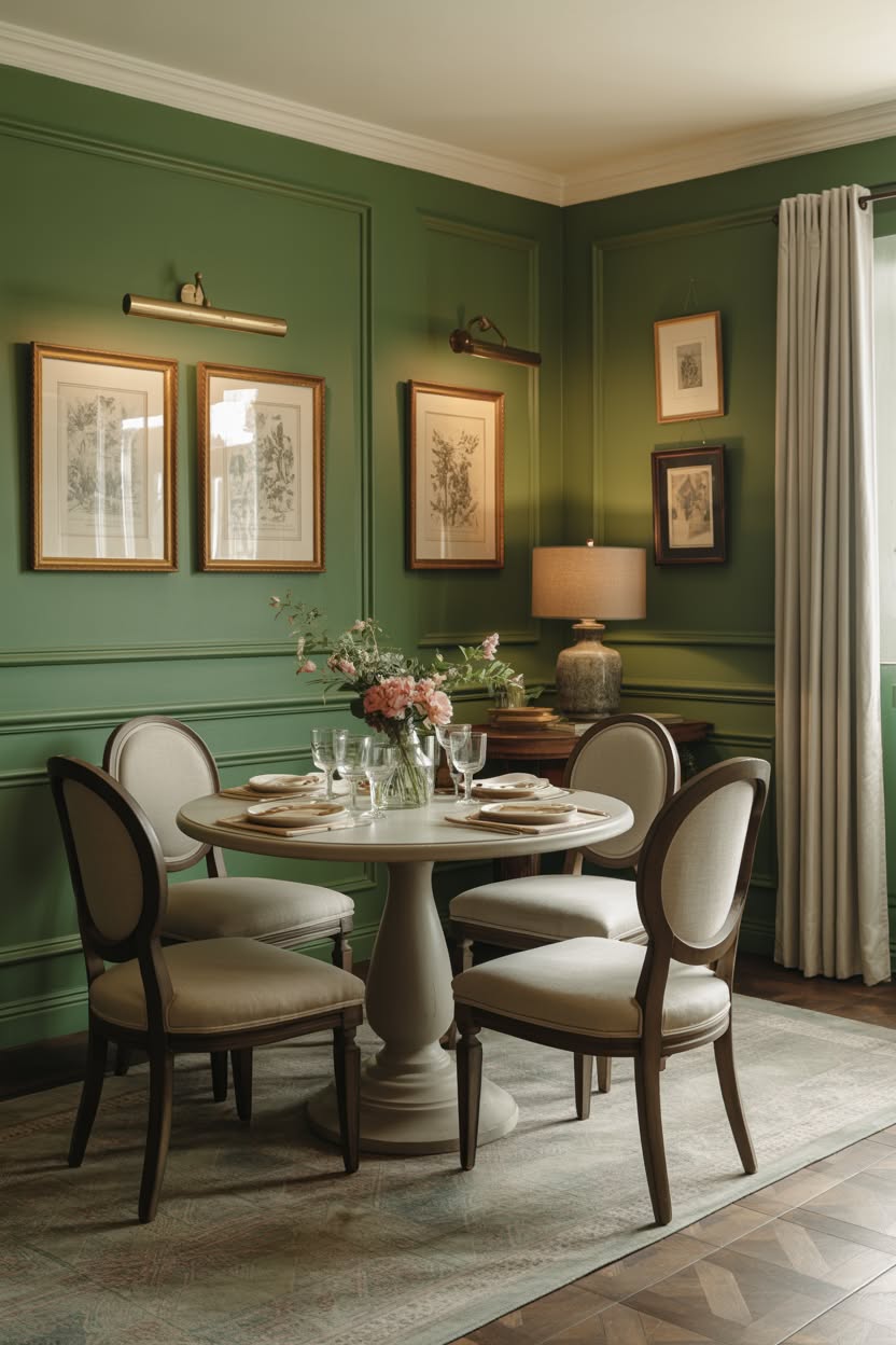 Elegant dining room with forest green walls and medallion chairs