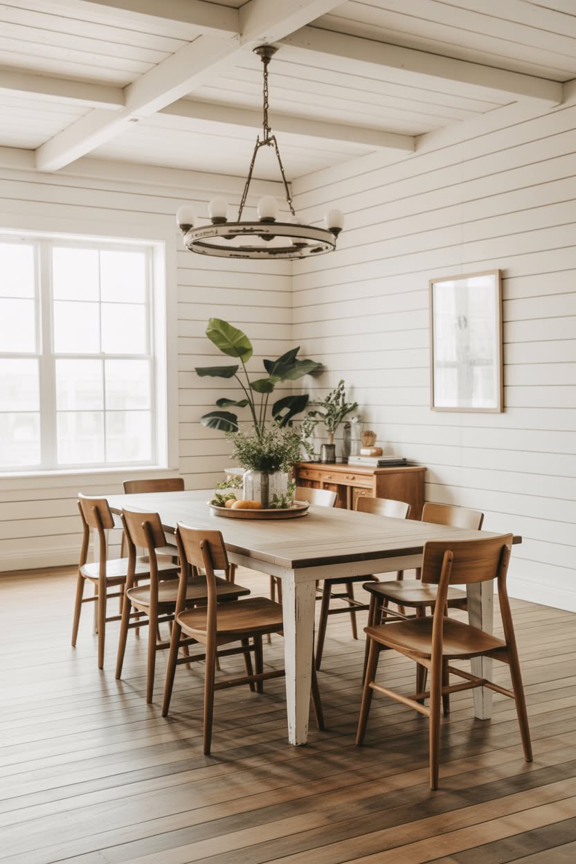 Farmhouse dining room with exposed beams and modern chairs