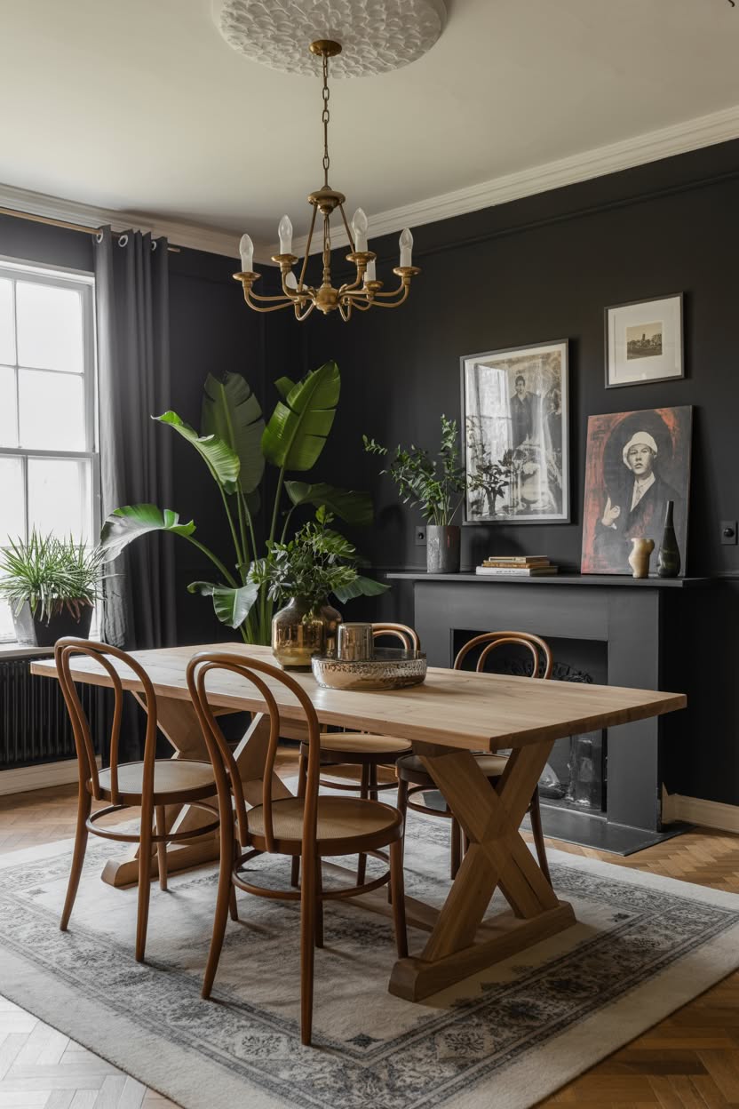 Moody dining room with black walls and bentwood chairs