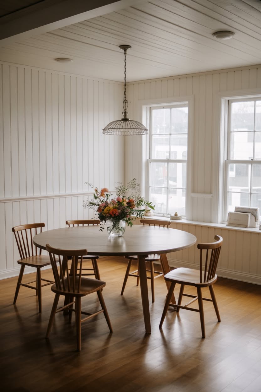 Cottage dining room with round table and spindle-back chairs