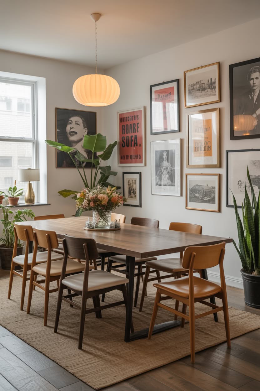 Mid-century modern dining room with vintage posters