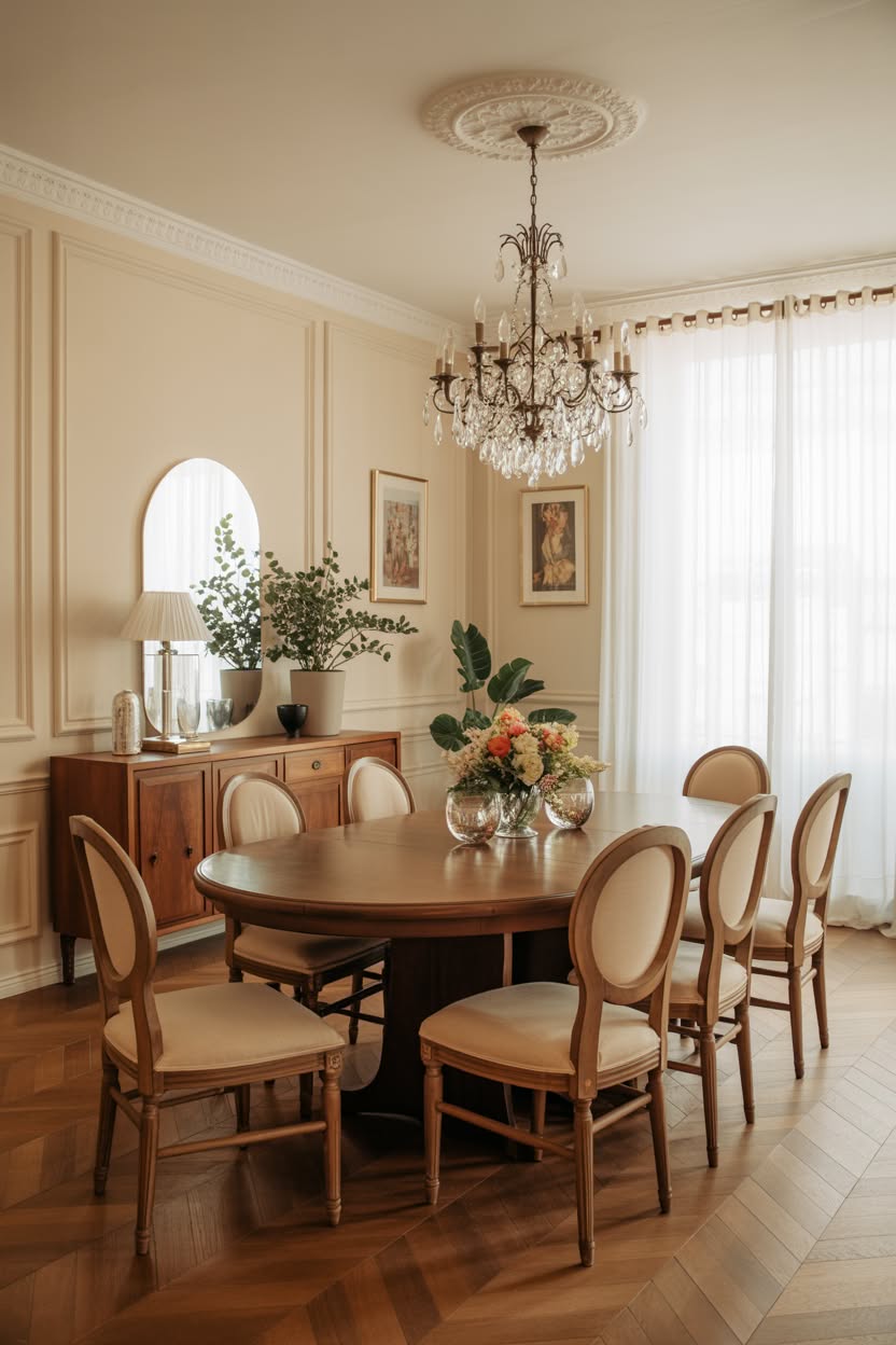 French provincial dining room with crystal chandelier