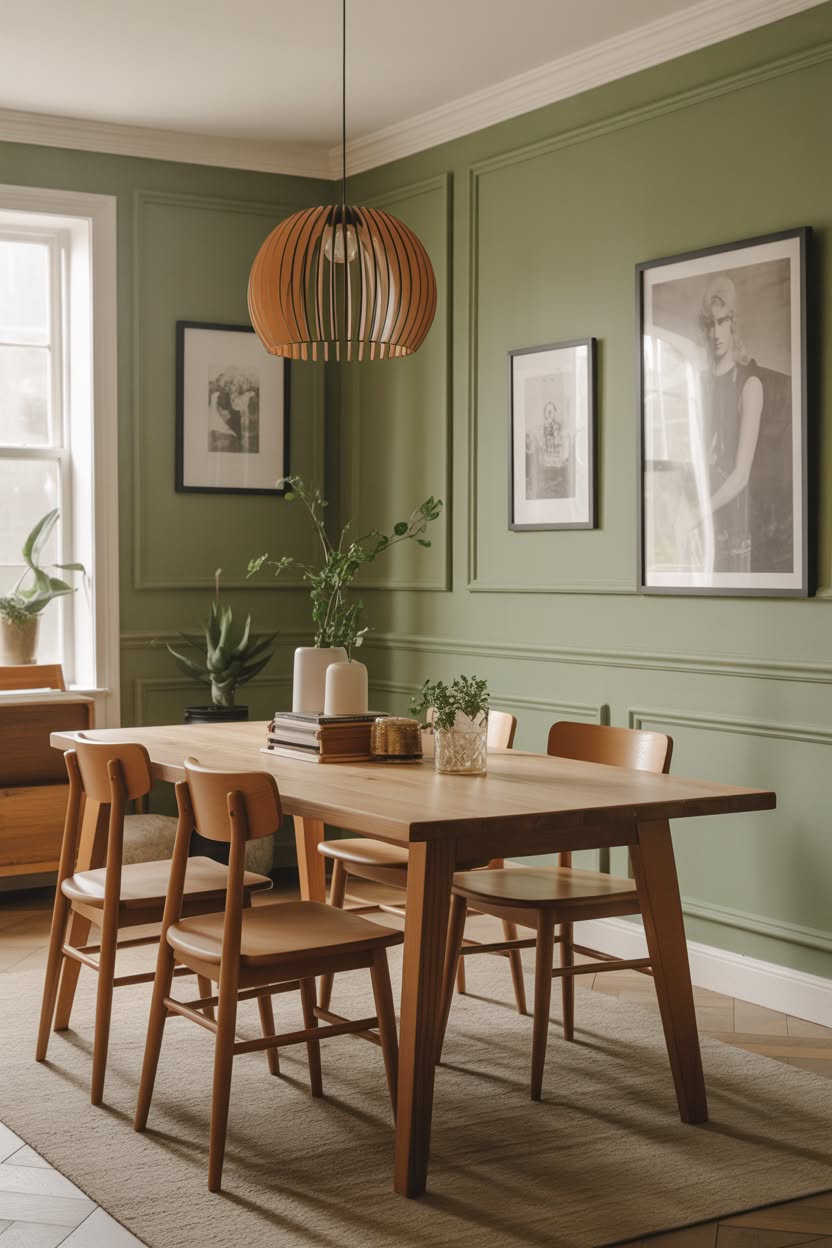 Sage green dining room with modern wooden chairs