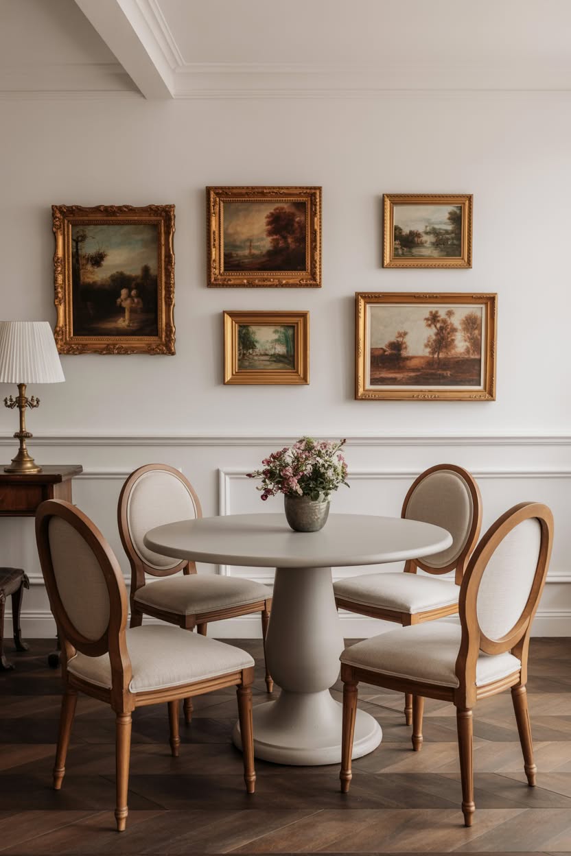 Traditional dining room with landscape paintings