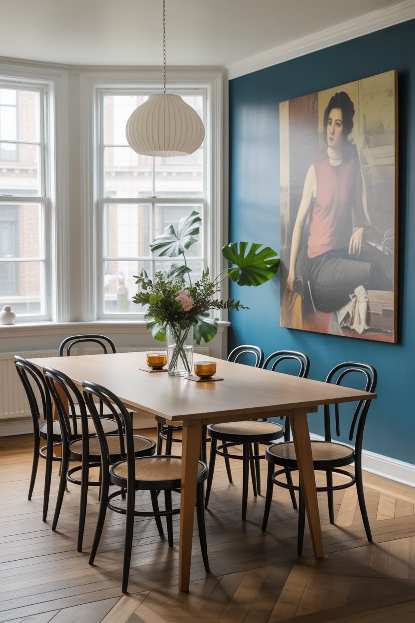 Modern dining room with blue accent wall and bentwood chairs